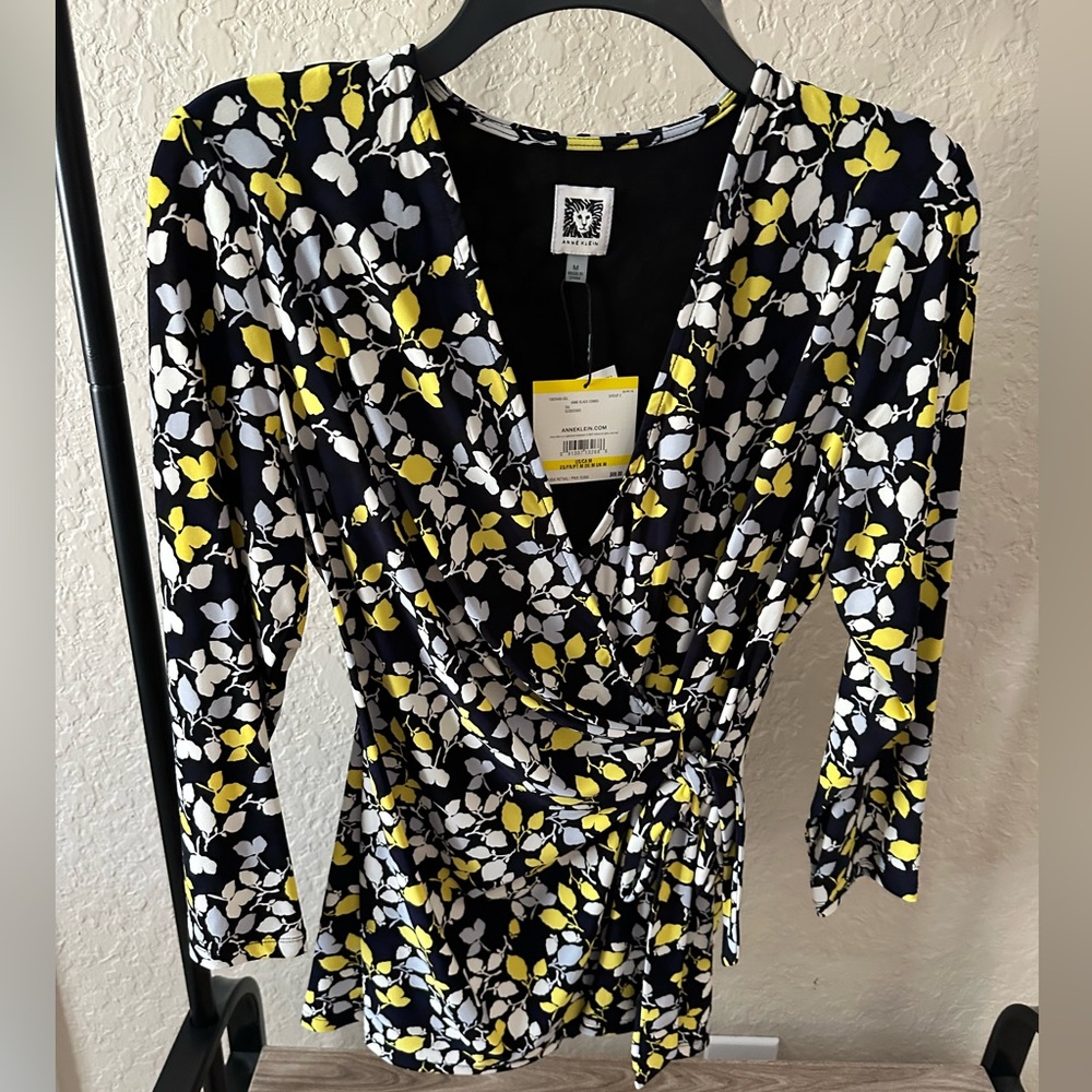 Anne Klein Black Floral Wrap Top with Yellow & White Leaf Pattern
